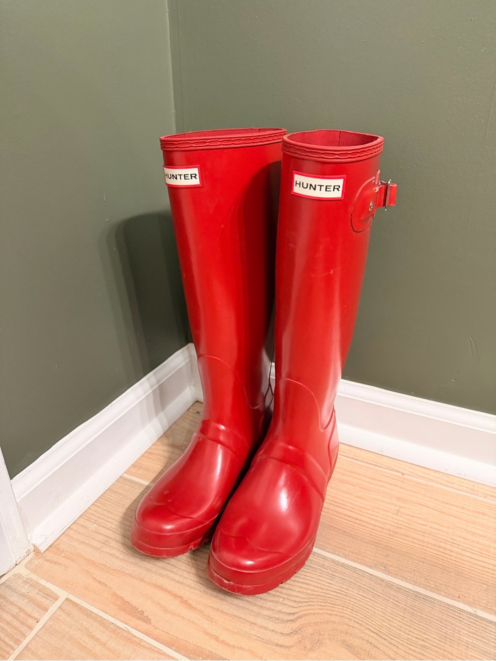 Hunter Red Tall Women's Rain Boots with Side Buckle